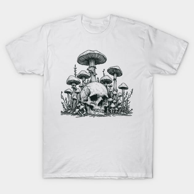 drawing skull, skull rock, skull bones, magic mushroom, shroom mushroom, fungi, fungi t, bioluminescent fungi, fantastic fungi T-Shirt by Thunder Biscuit